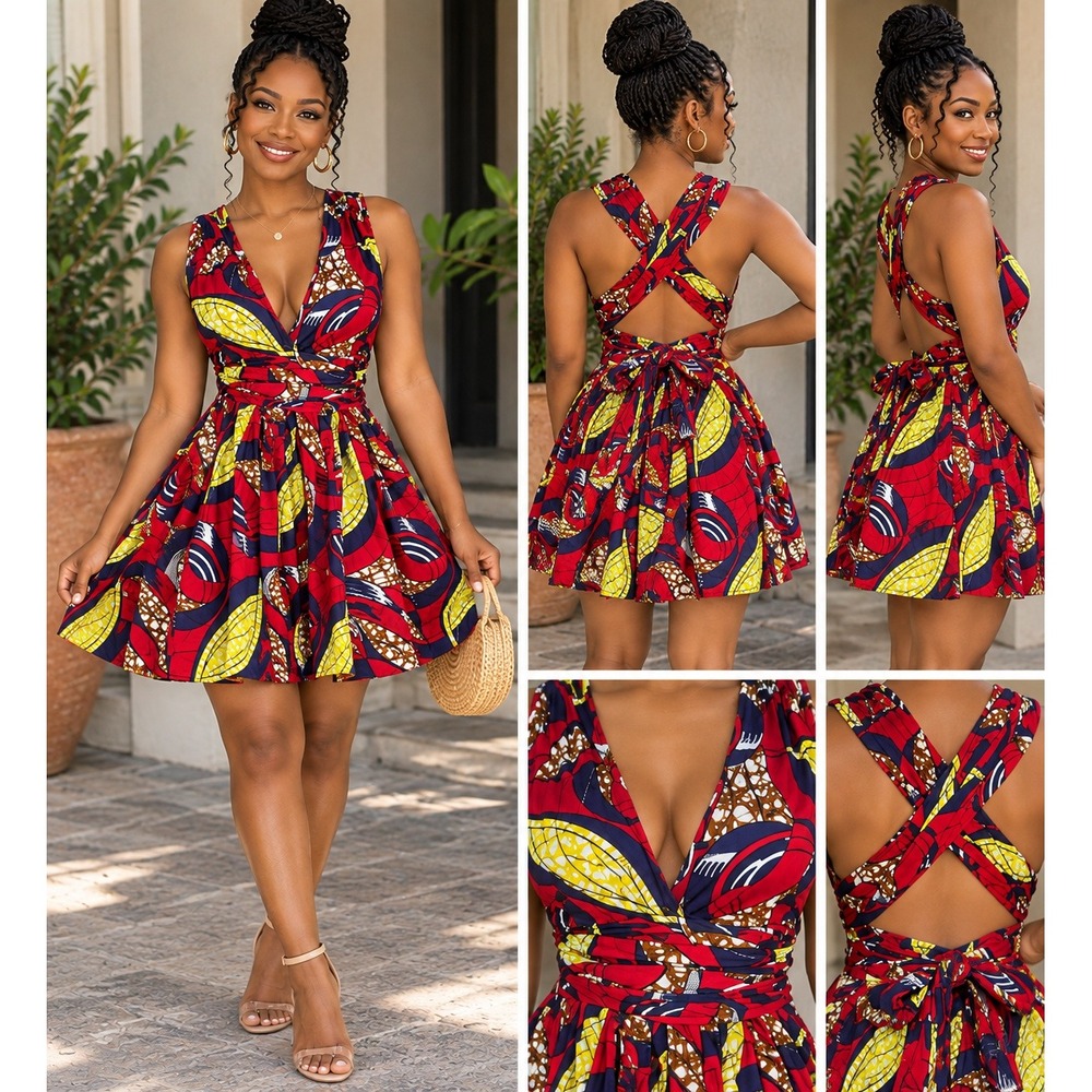 TribalByN African Print Infinity Multiway Wrap Dress Red Yellow Blue S-L